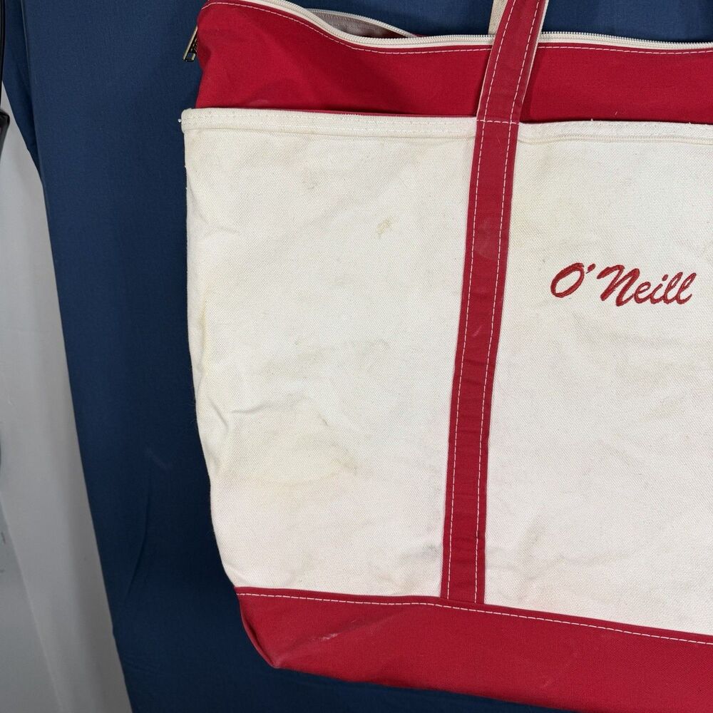 LL Bean Boat and Tote Red Trim White Canvas Tote Bag XL Zipper Top USA Made - Picture 2 of 10